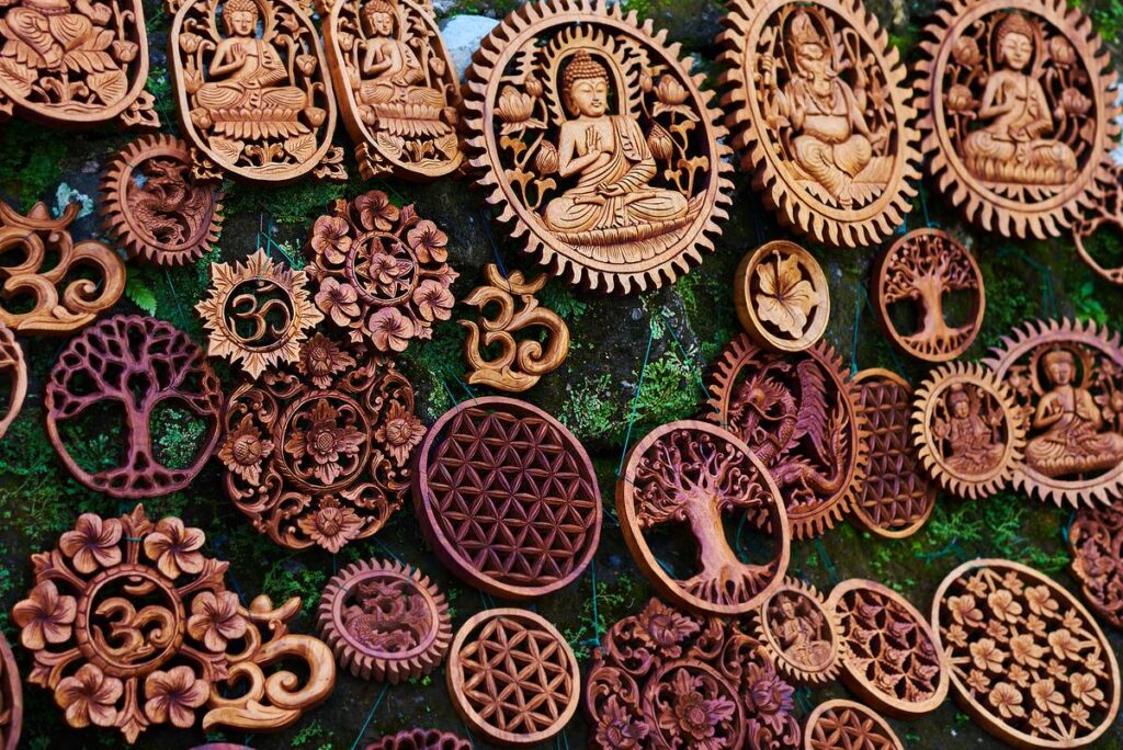 Various Balinese wood carvings at Ubud Market